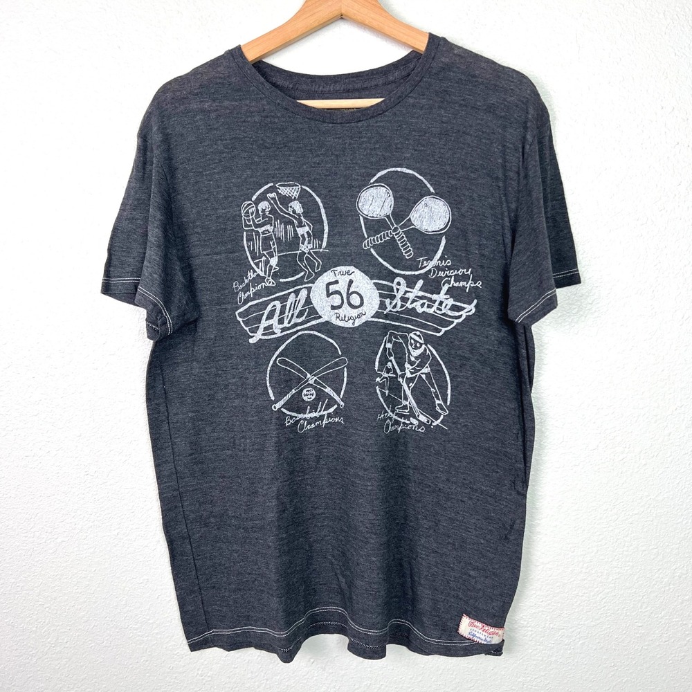 True Religion Mens All State 56 Sports Graphic T-Shirt Grey Crew Neck Large USA